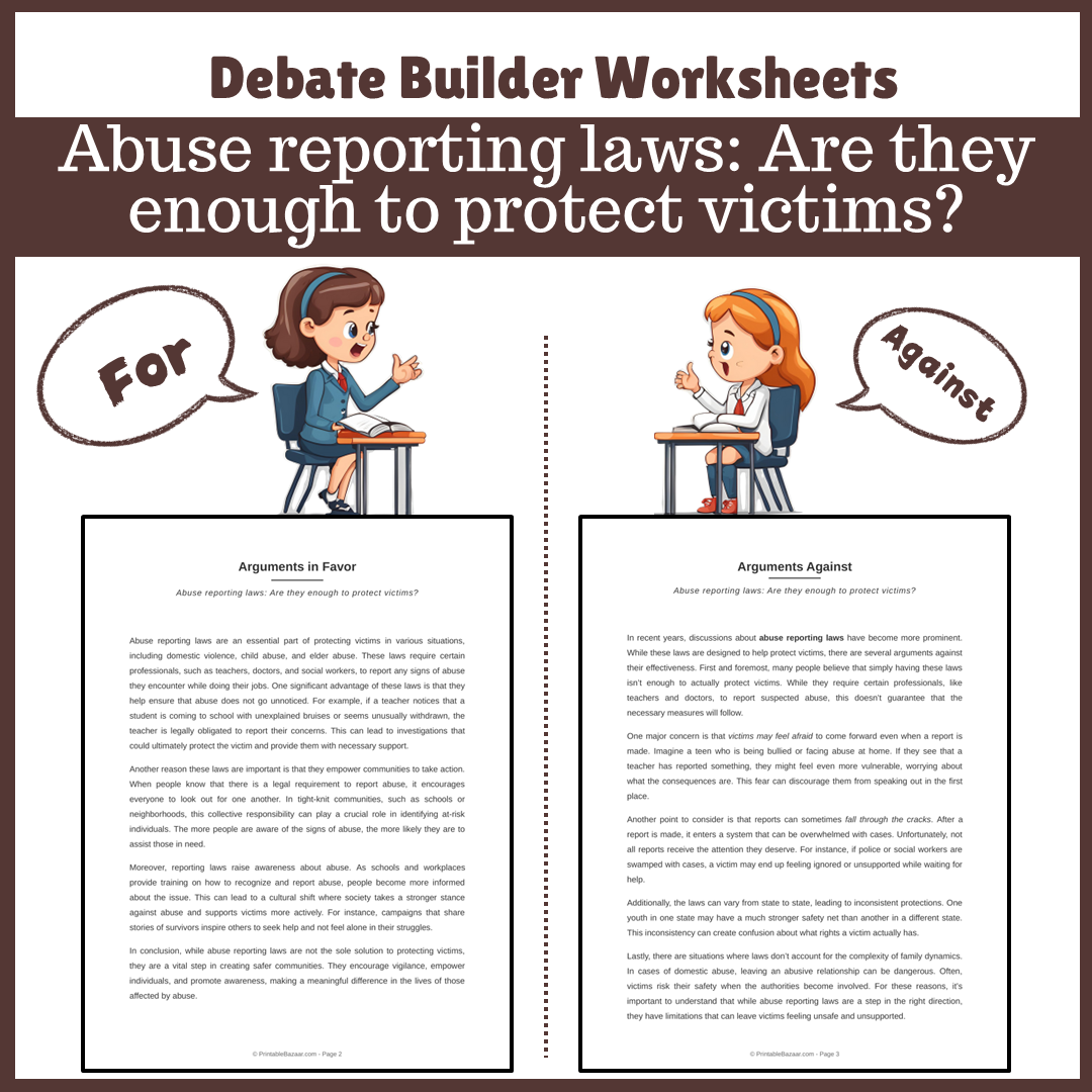 Abuse reporting laws: Are they enough to protect victims? | Favour and Against Worksheet Printable Activity