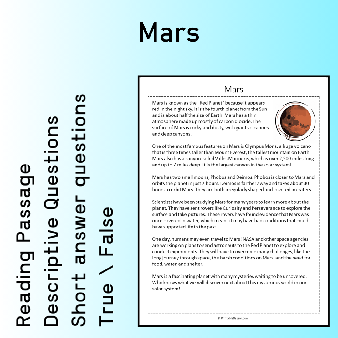 Mars | Reading Comprehension Passage Printable Worksheet