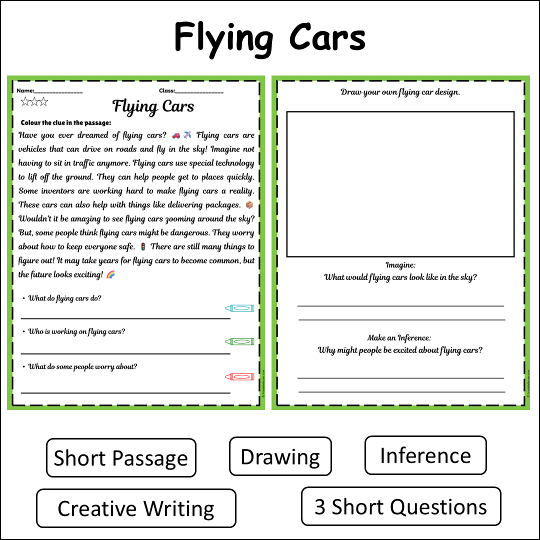 Flying Cars | Short Reading Comprehension Creative Worksheet