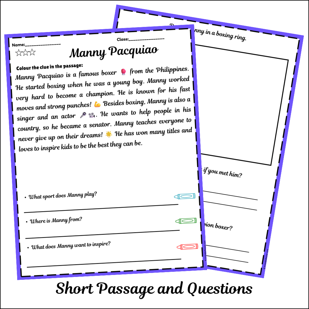 Manny Pacquiao | Short Reading Comprehension Creative Worksheet