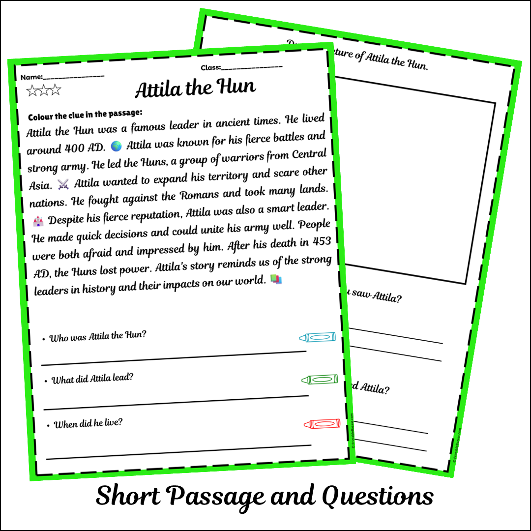 Attila the Hun | Short Reading Comprehension Creative Worksheet