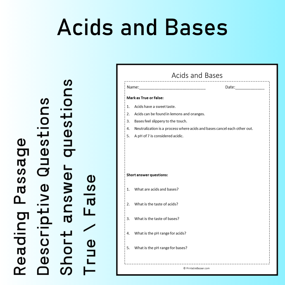 Acids and Bases | Reading Comprehension Passage Printable Worksheet