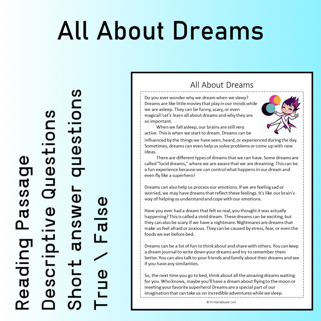 All About Dreams | Reading Comprehension Passage Printable Worksheet