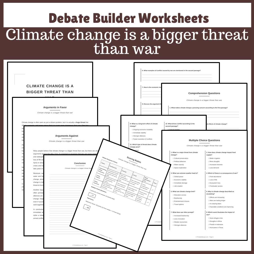 Climate change is a bigger threat than war | Favour and Against Worksheet Printable Activity
