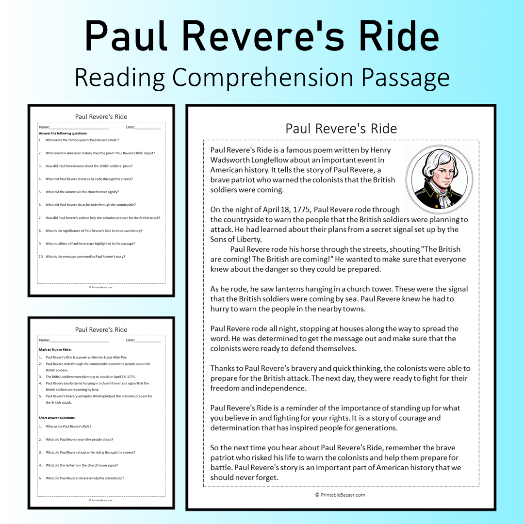Paul Revere's Ride | Reading Comprehension Passage Printable Worksheet