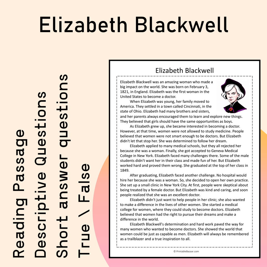 Elizabeth Blackwell | Reading Comprehension Passage Printable Activity
