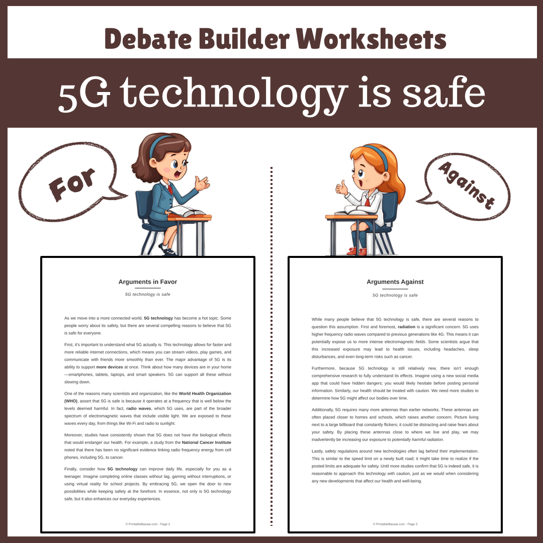 5G technology is safe | Favour and Against Worksheet Printable Activity