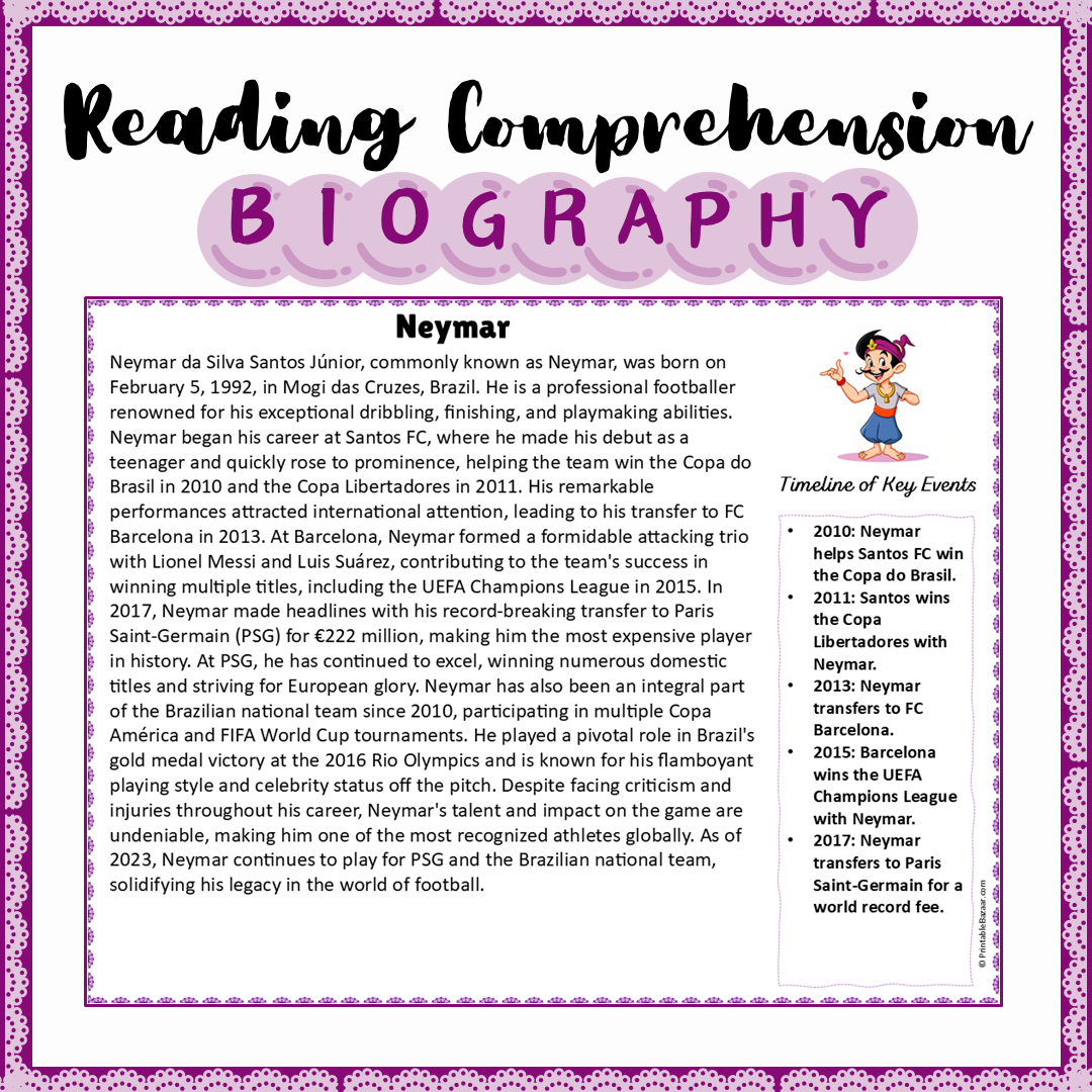 Neymar | Biography Reading Comprehension and Questions Worksheet