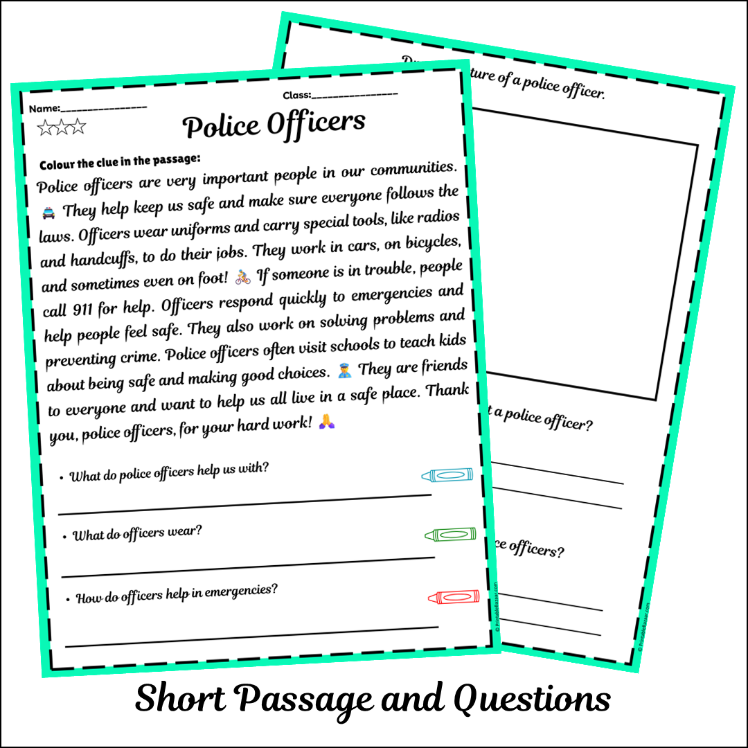 Police Officers | Short Reading Comprehension Creative Worksheet