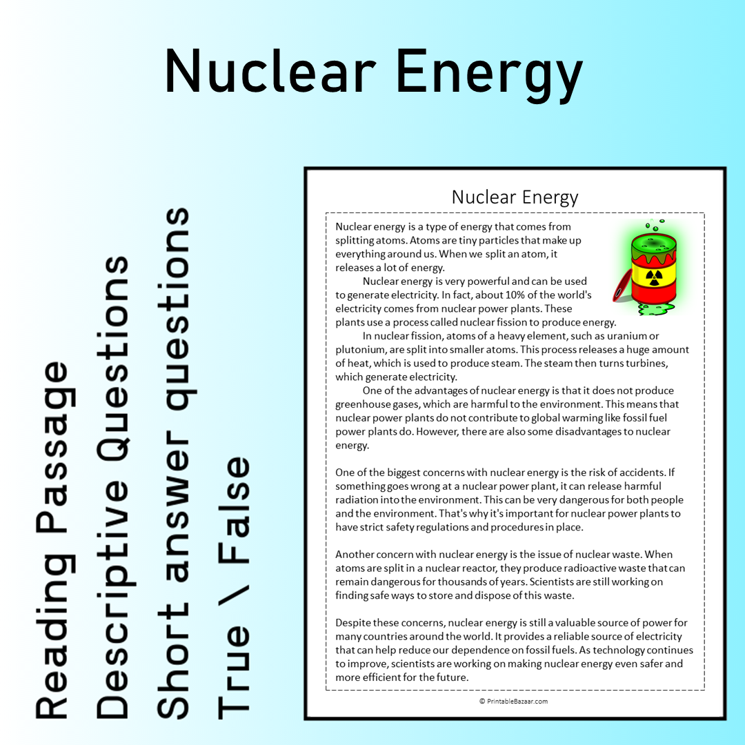Nuclear Energy | Reading Comprehension Passage Printable Worksheet