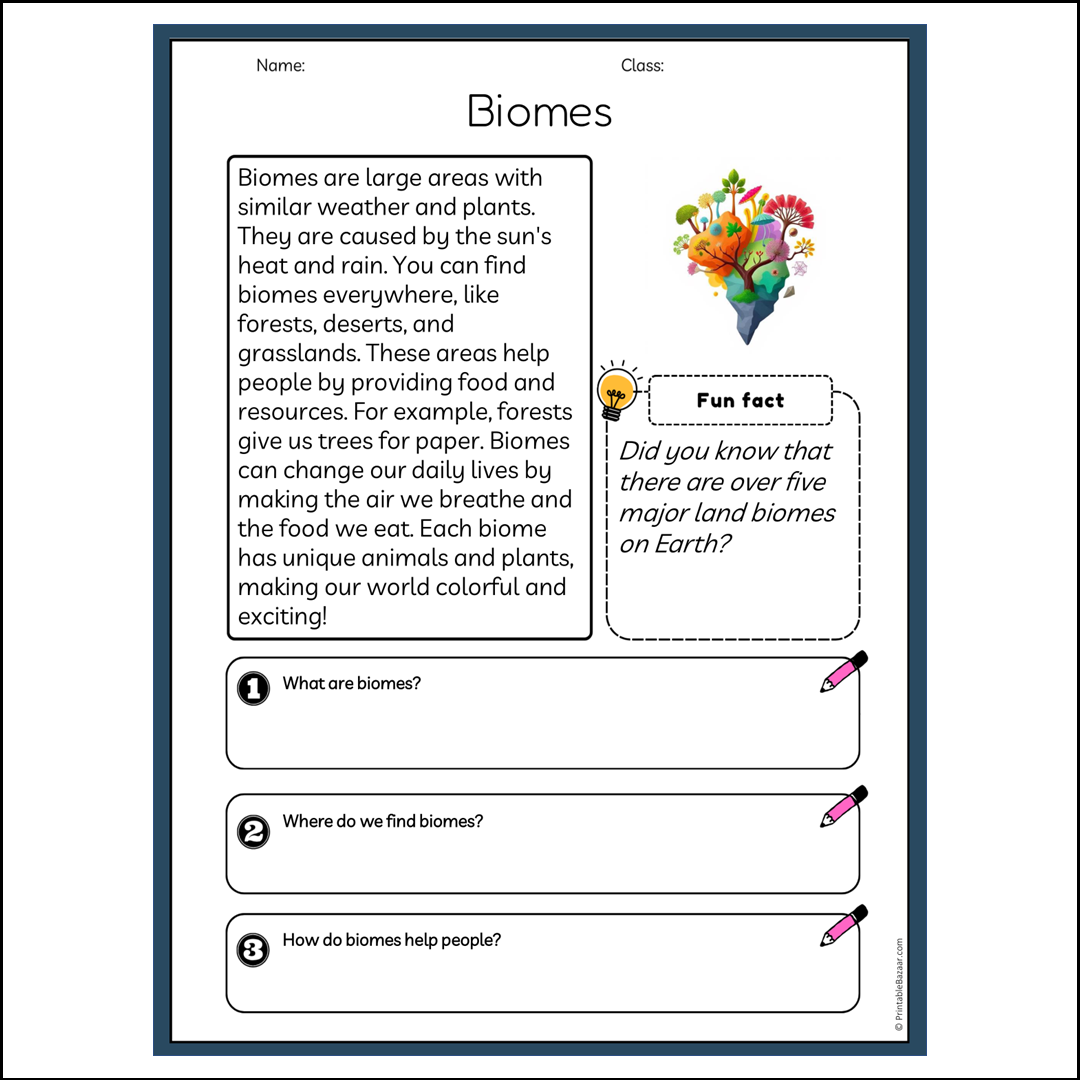 Biomes | Reading Passage Comprehension Questions Writing Facts Worksheet
