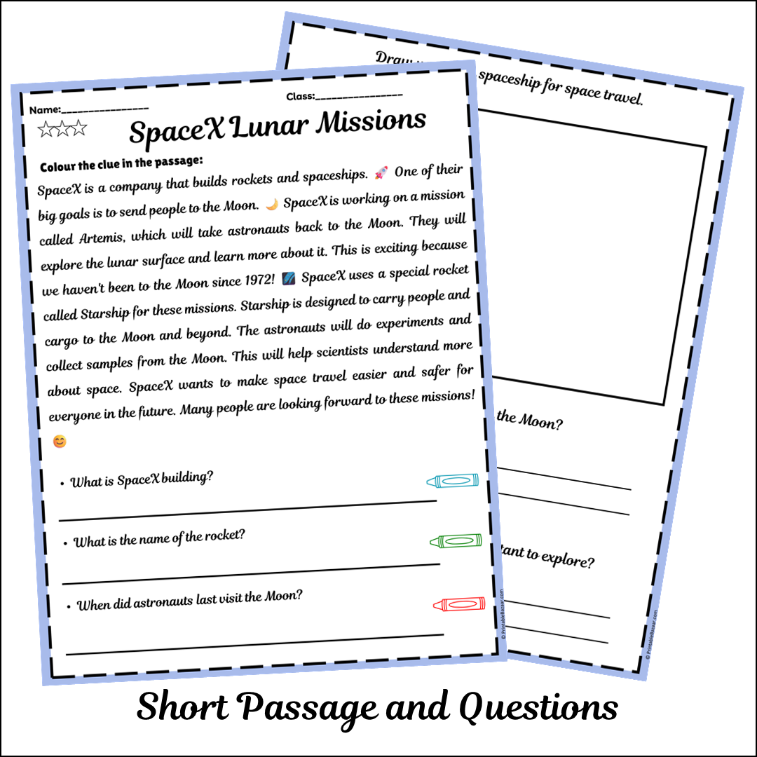 SpaceX Lunar Missions | Short Reading Comprehension Creative Worksheet