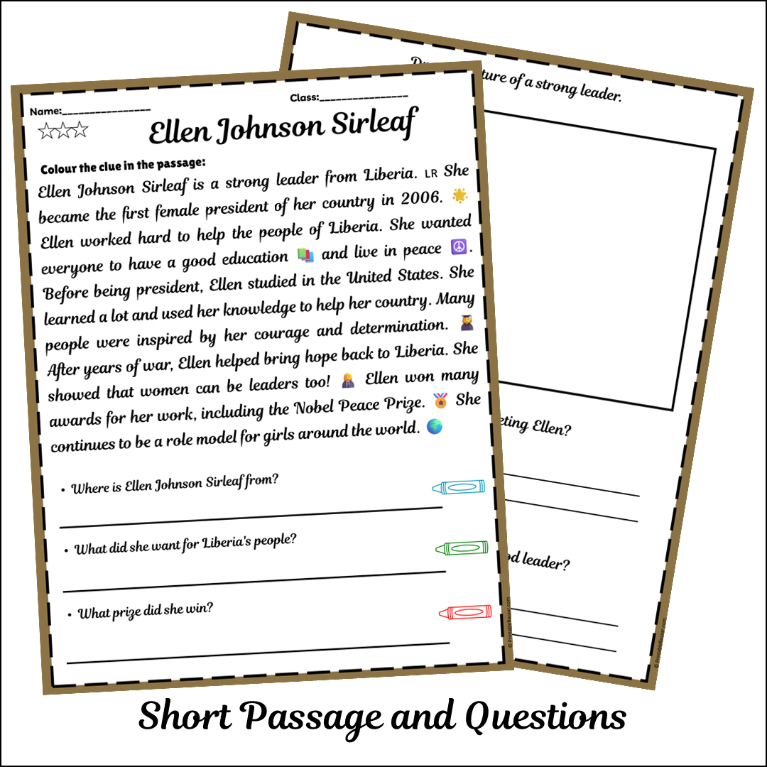 Ellen Johnson Sirleaf | Short Reading Comprehension Creative Worksheet