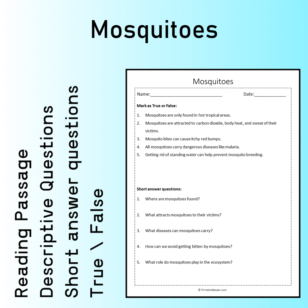 Mosquitoes | Reading Comprehension Passage Printable Worksheet