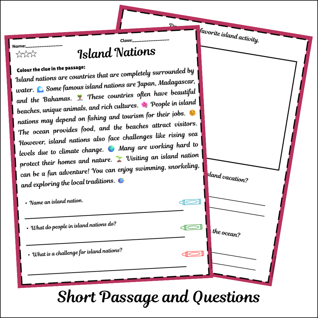Island Nations | Short Reading Comprehension Creative Worksheet