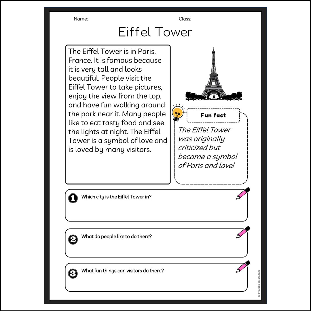 Eiffel Tower | Reading Passage Comprehension Questions Writing Facts Worksheet