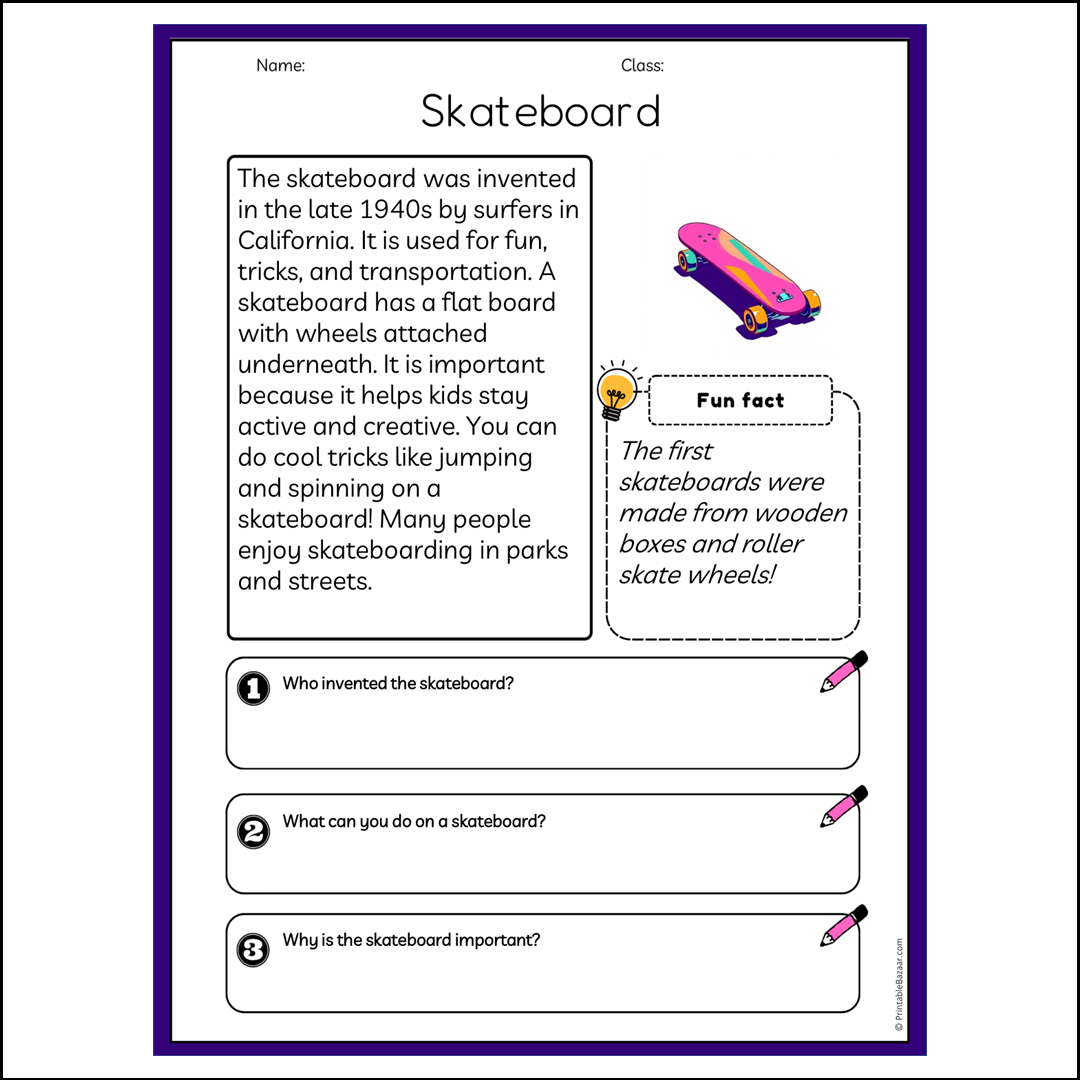 Skateboard | Reading Passage Comprehension Questions Writing Facts Worksheet