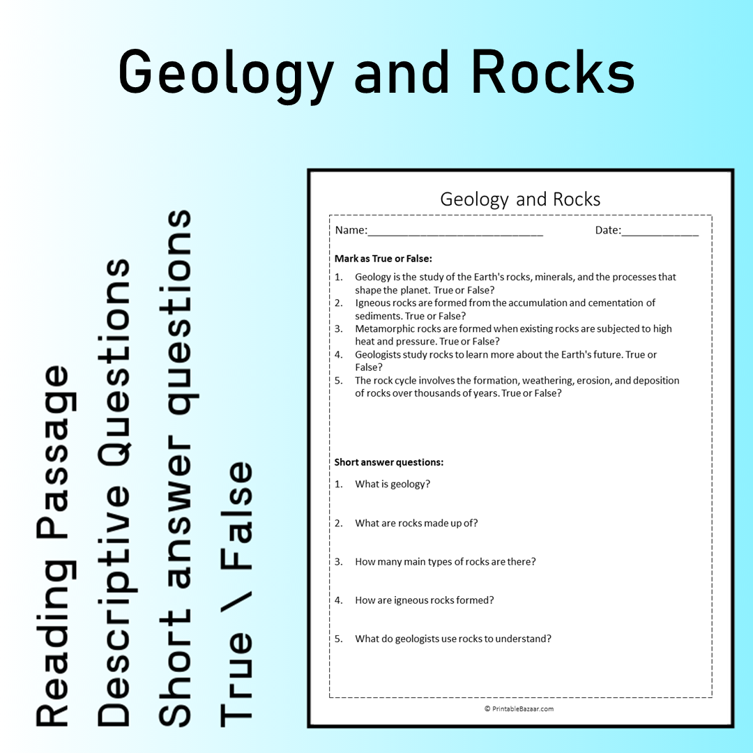 Geology and Rocks | Reading Comprehension Passage Printable Worksheet