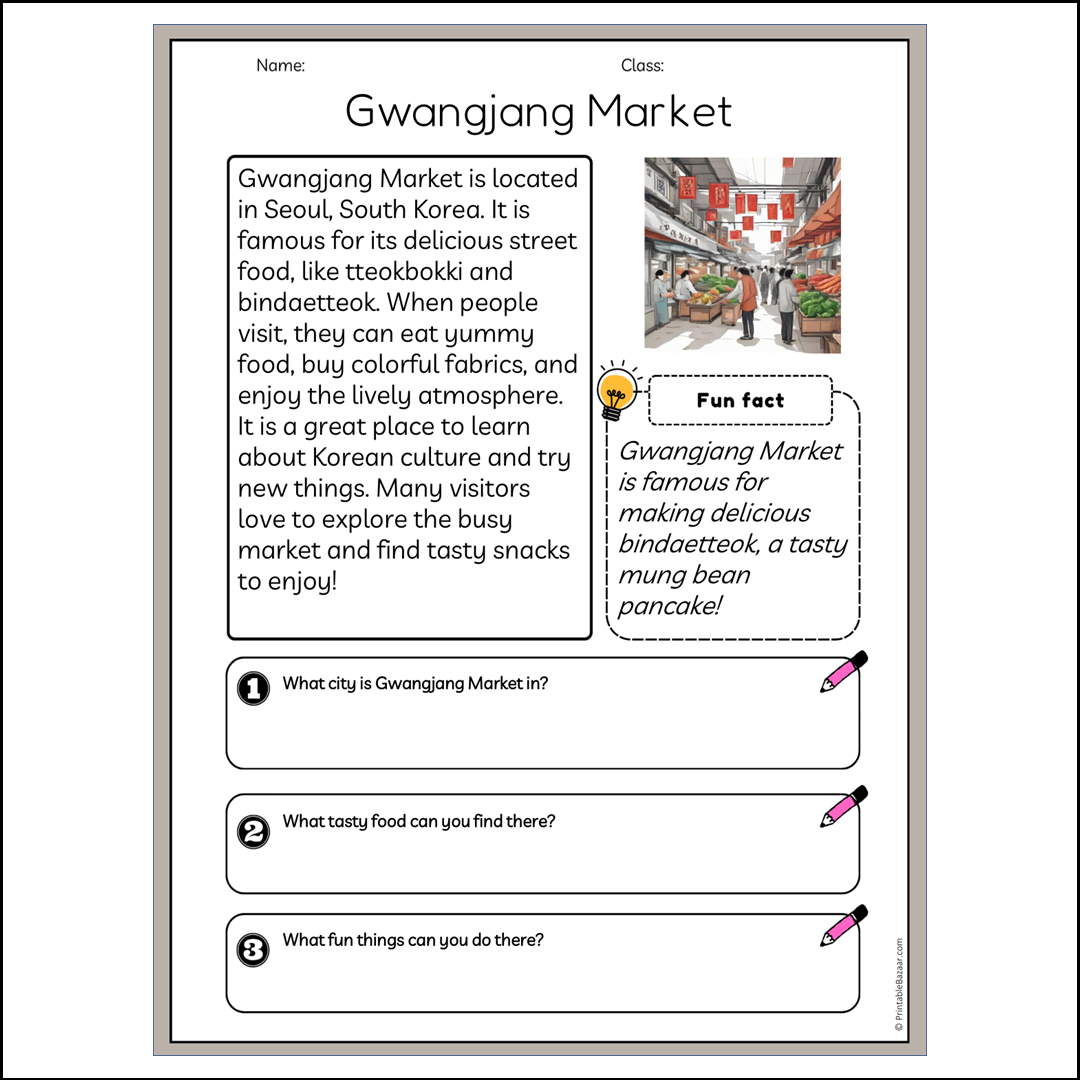 Gwangjang Market | Reading Passage Comprehension Questions Writing Facts Worksheet