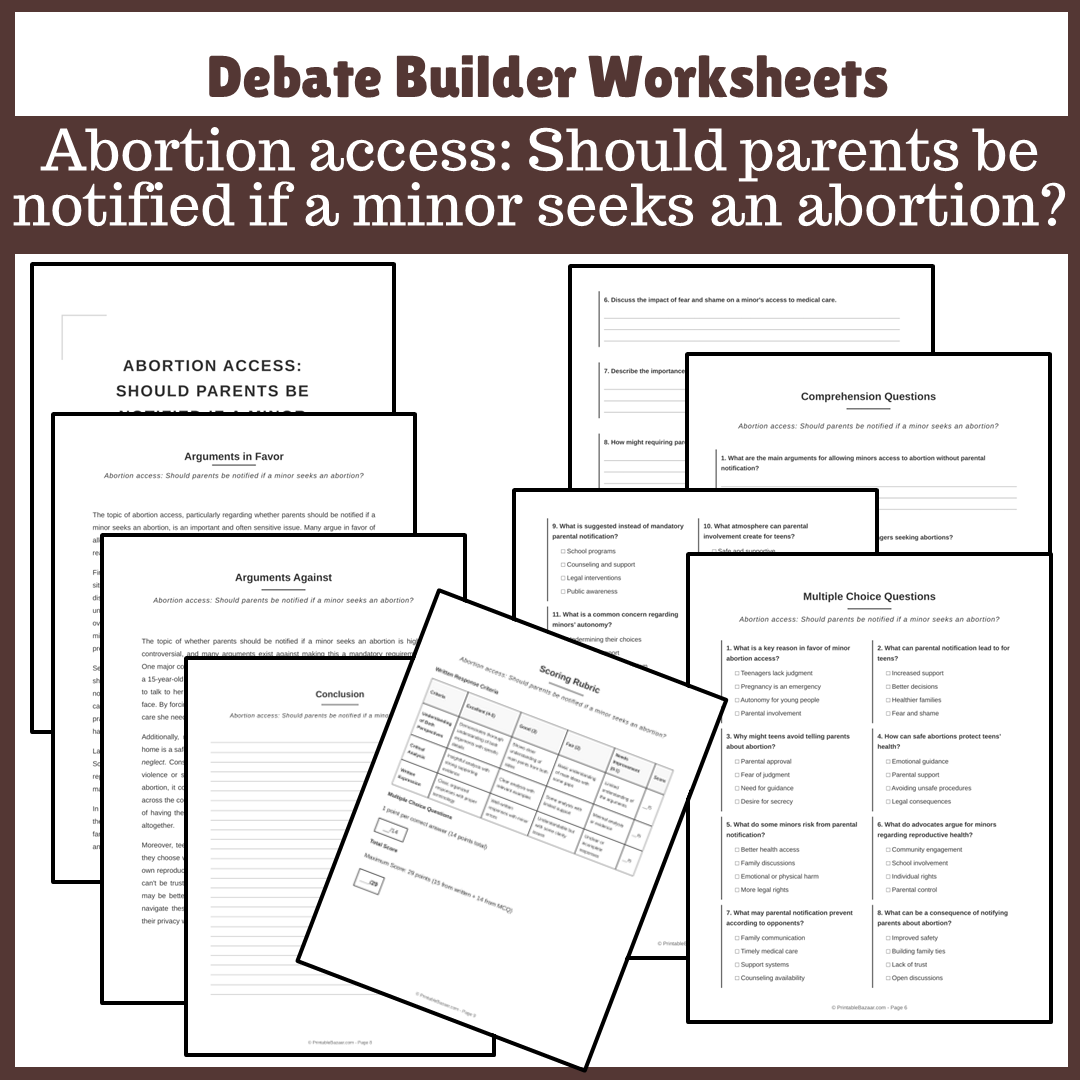Abortion access: Should parents be notified if a minor seeks an abortion? | Favour and Against Worksheet Printable Activity