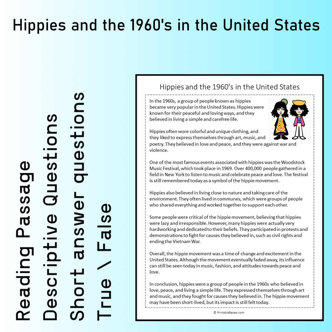 Hippies and the 1960's in the United States | Reading Comprehension Passage Printable Worksheet