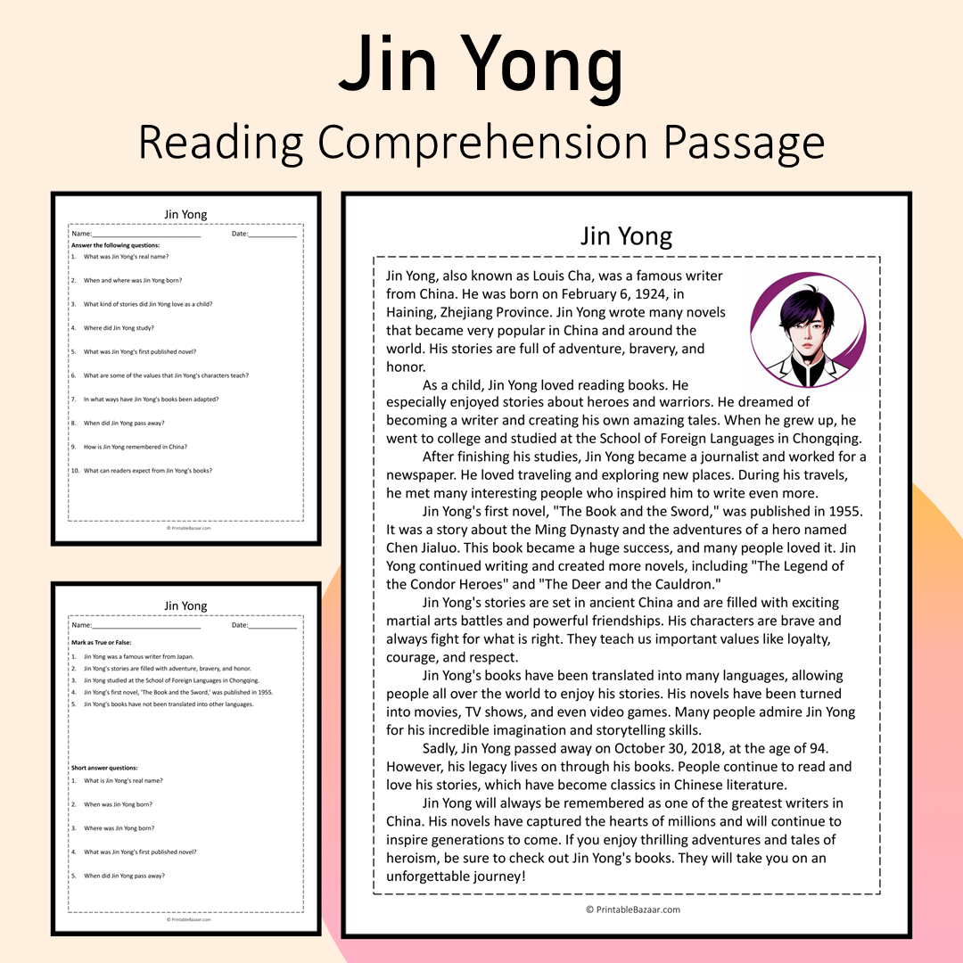 Jin Yong | Reading Comprehension Passage Printable Activity