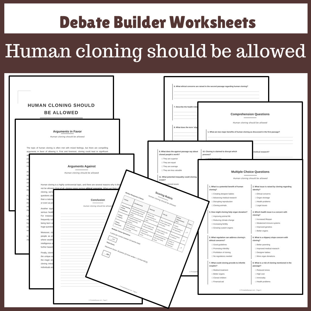 Human cloning should be allowed | Favour and Against Worksheet Printable Activity