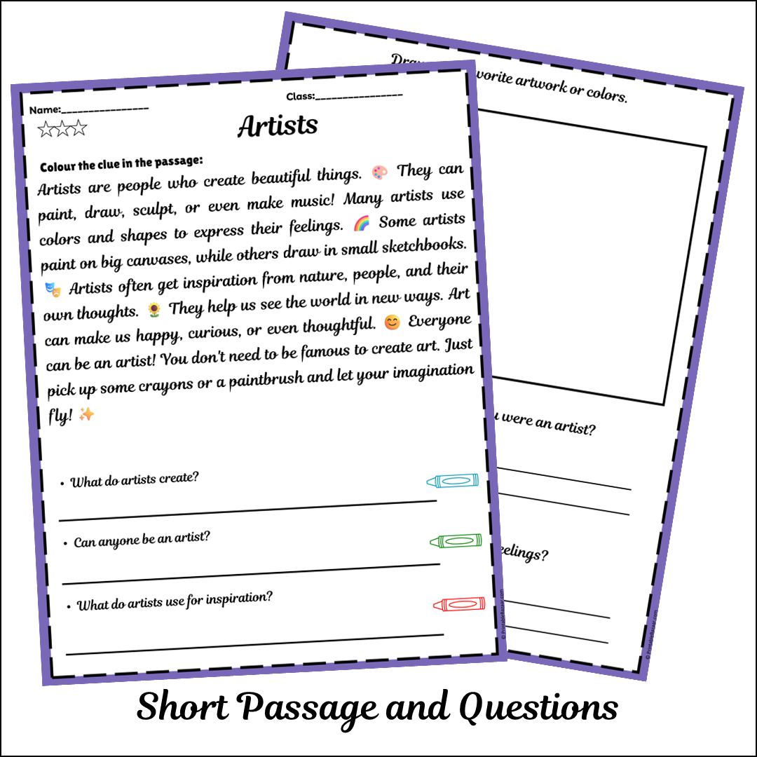 Artists | Short Reading Comprehension Creative Worksheet