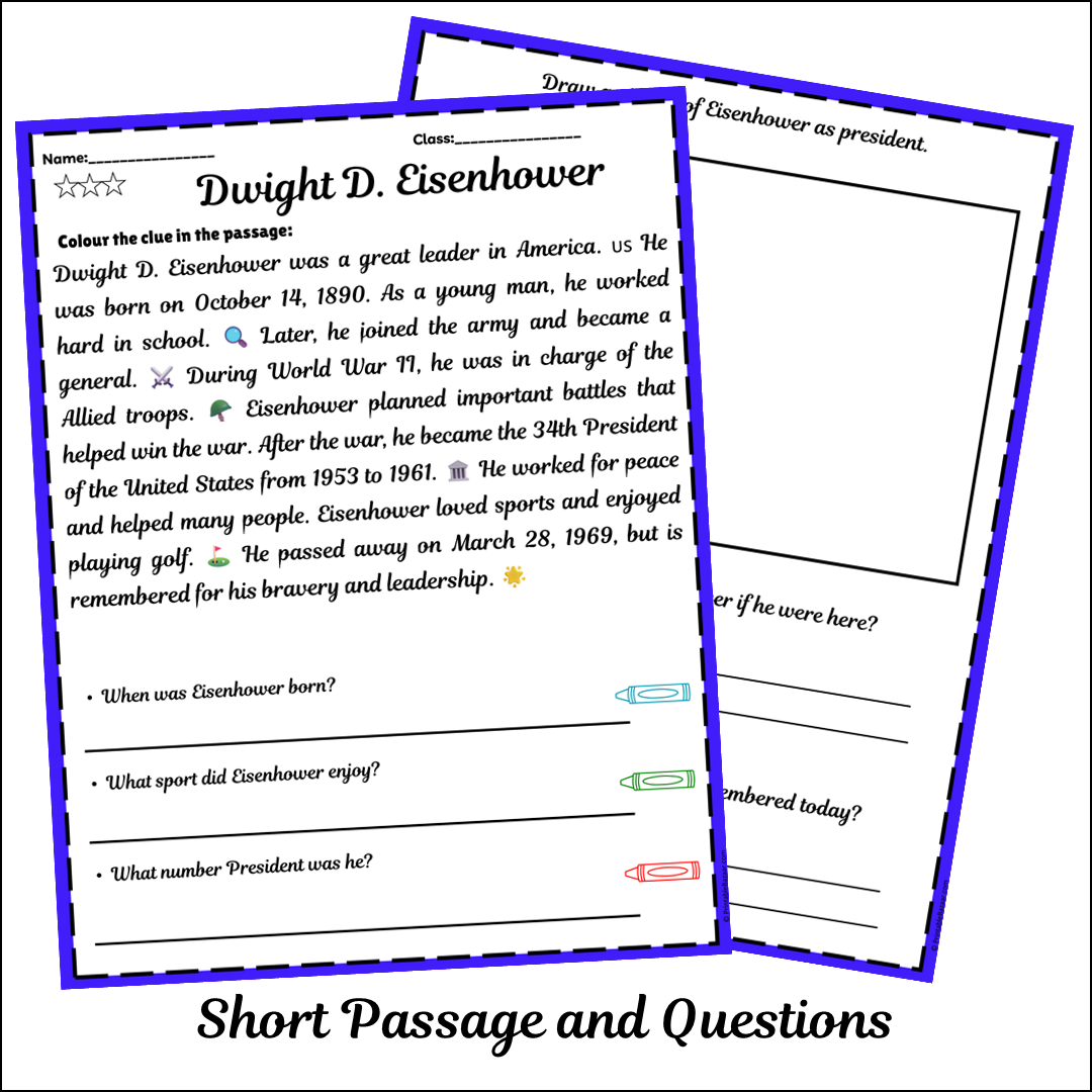 Dwight D. Eisenhower | Short Reading Comprehension Creative Worksheet