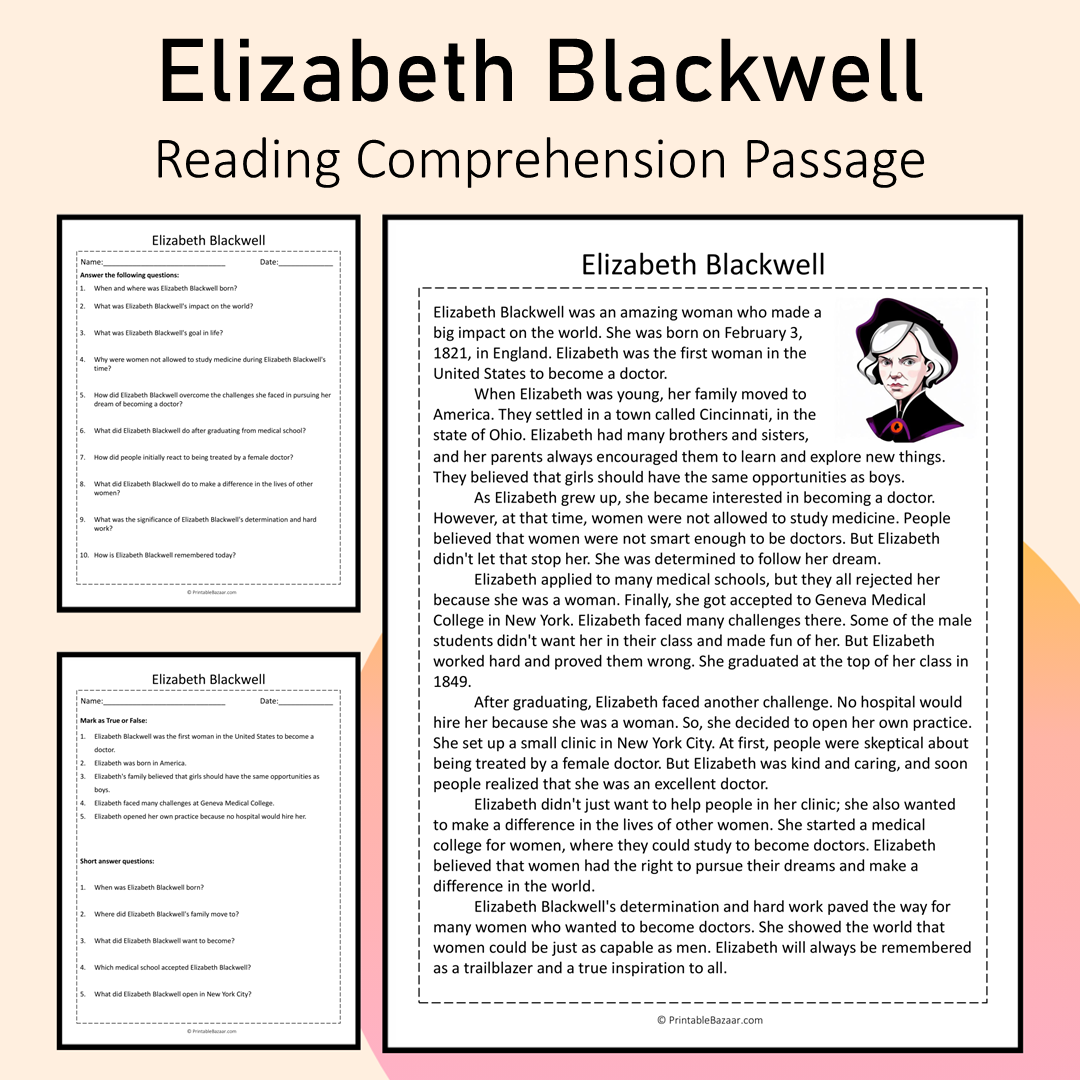 Elizabeth Blackwell | Reading Comprehension Passage Printable Activity