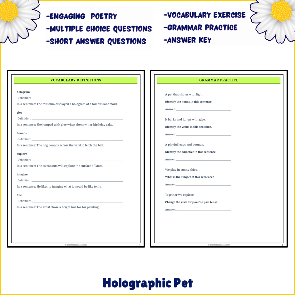 Holographic Pet | Poem Grammar Worksheet Printable Activity