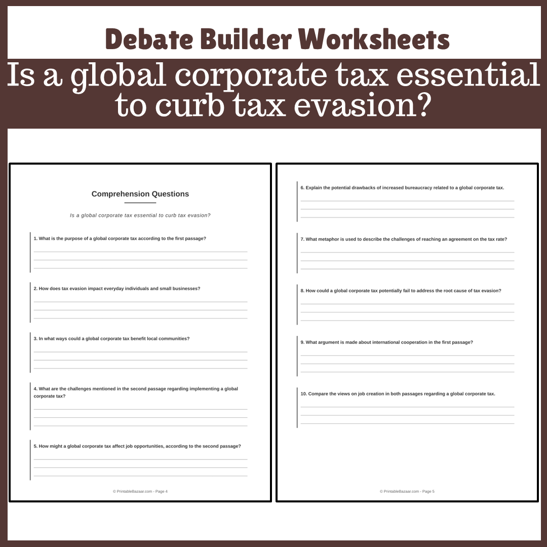 Is a global corporate tax essential to curb tax evasion? | Favour and Against Worksheet Printable Activity