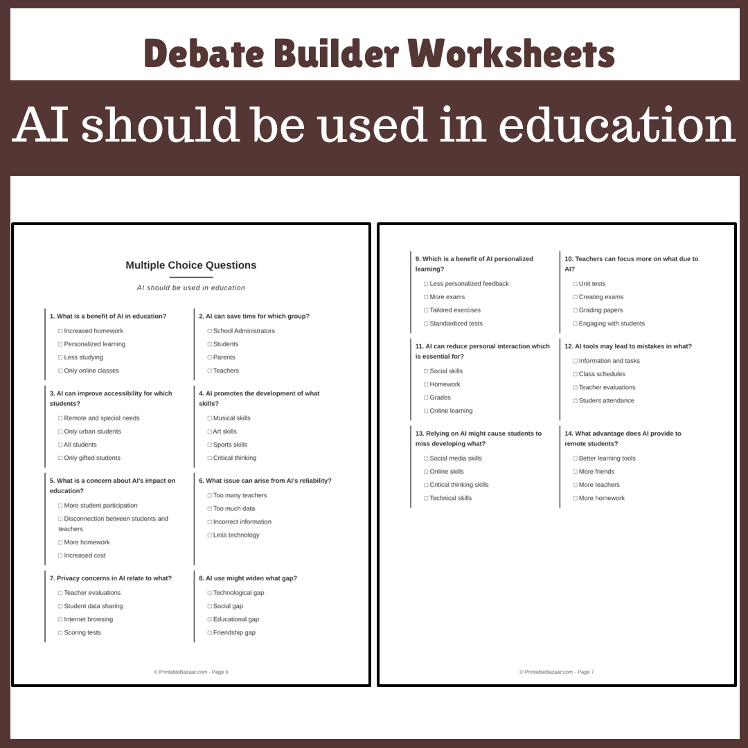 AI should be used in education | Favour and Against Worksheet Printable Activity