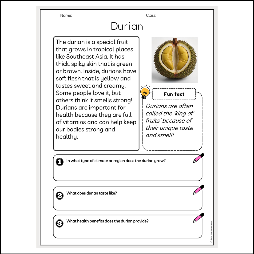 Durian | Reading Passage Comprehension Questions Writing Facts Worksheet