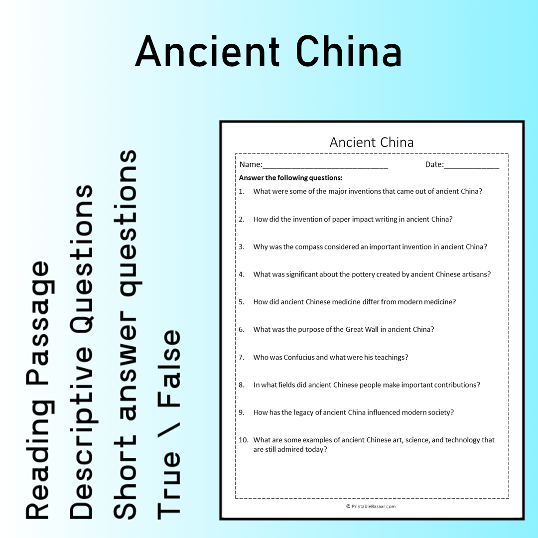 Ancient China | Reading Comprehension Passage Printable Worksheet