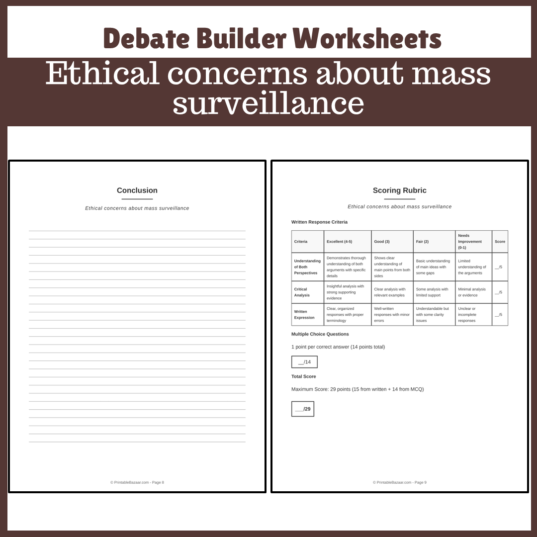 Ethical concerns about mass surveillance | Favour and Against Worksheet Printable Activity