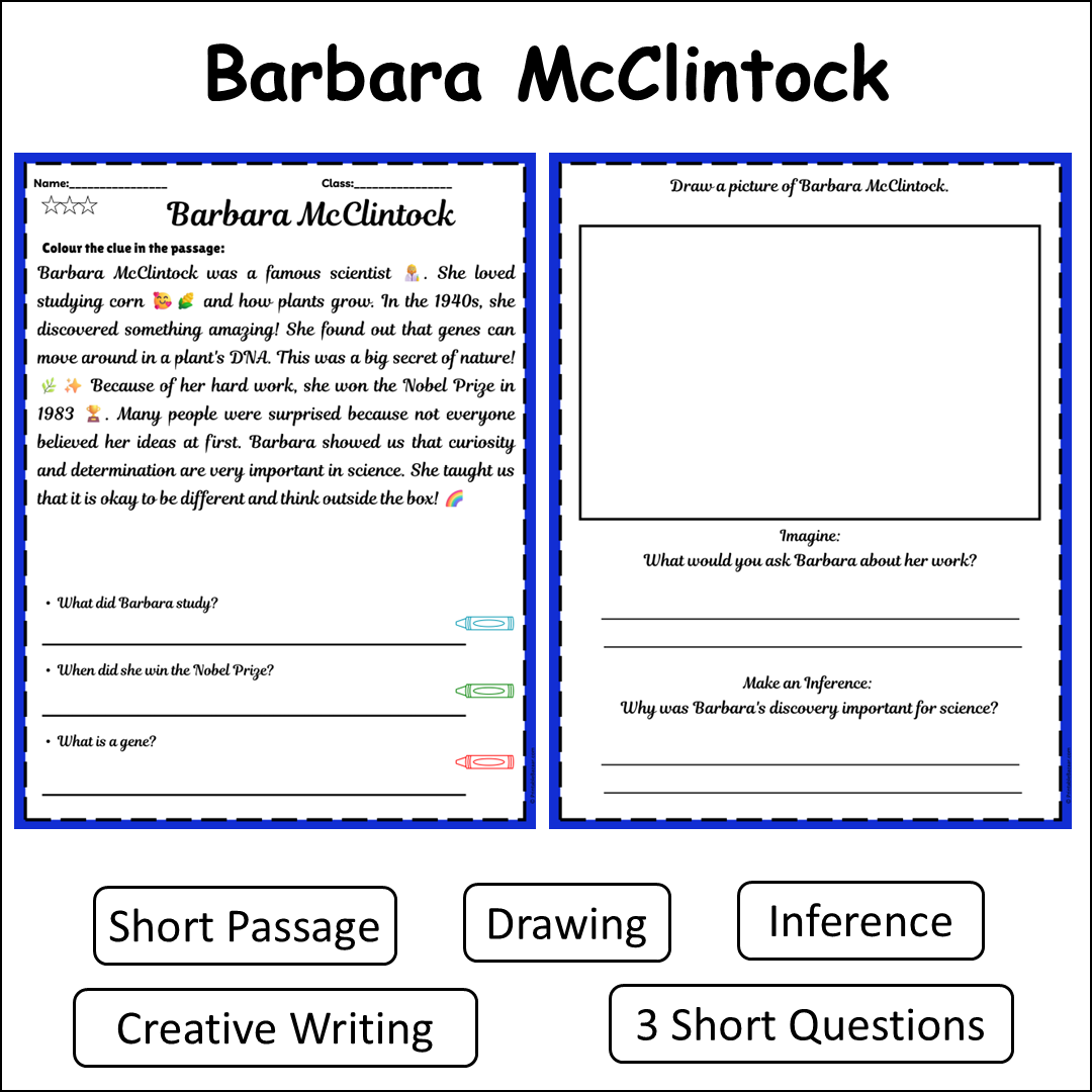 Barbara McClintock | Short Reading Comprehension Creative Worksheet