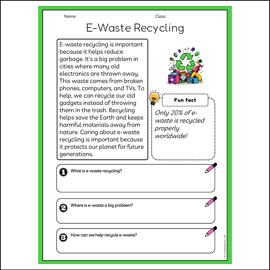 E-Waste Recycling | Reading Passage Comprehension Questions Writing Facts Worksheet