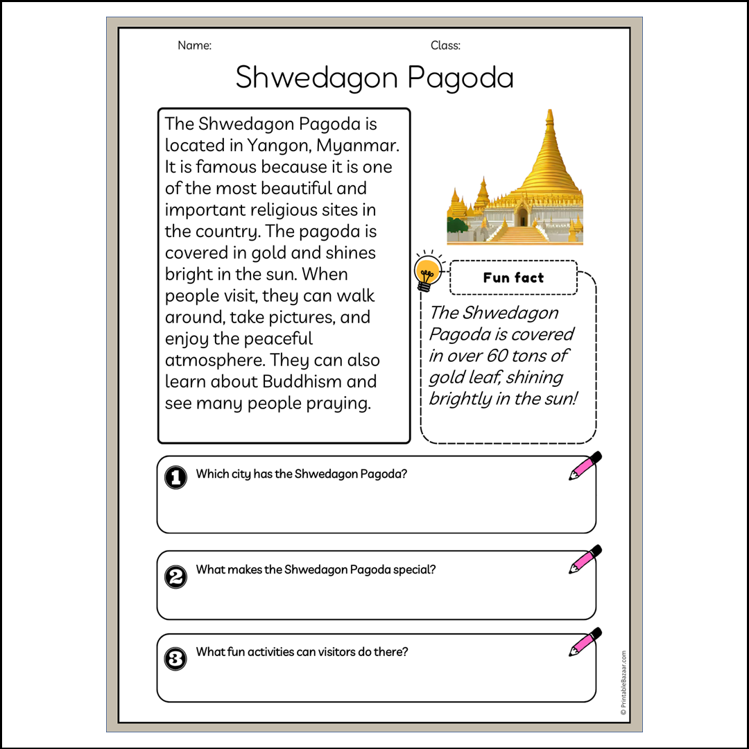 Shwedagon Pagoda | Reading Passage Comprehension Questions Writing Facts Worksheet