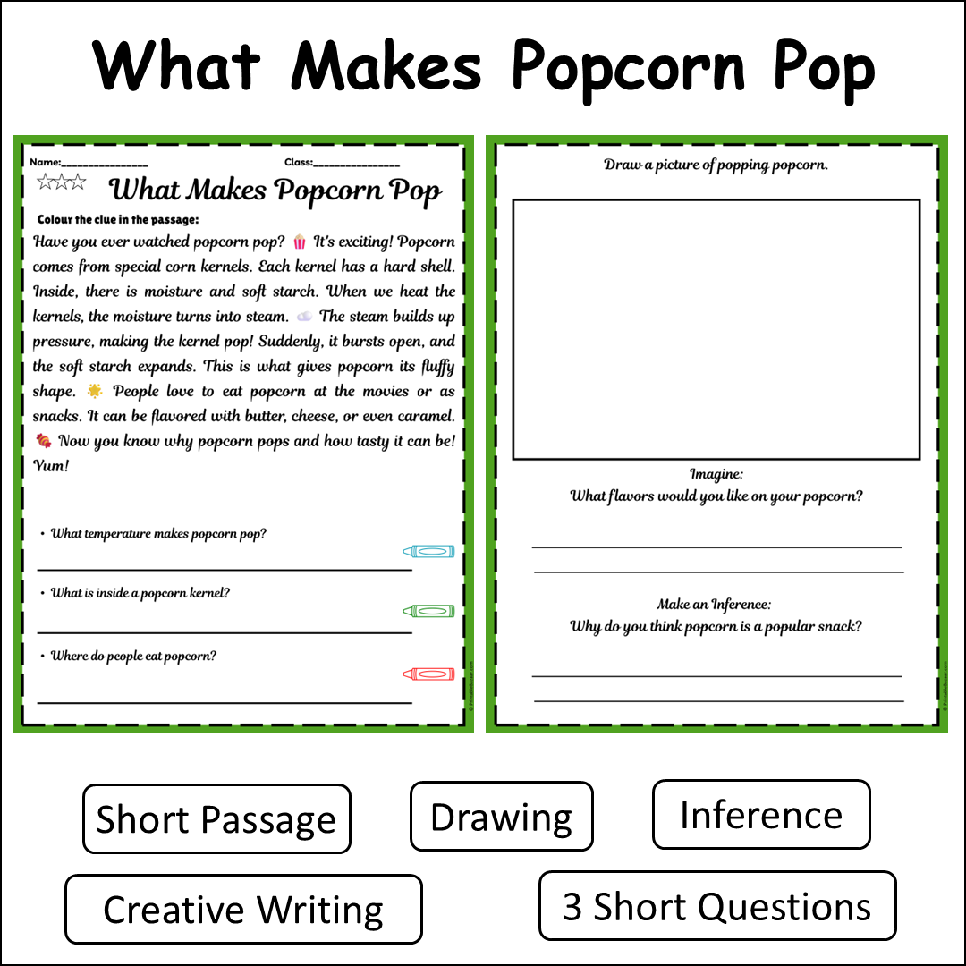 What Makes Popcorn Pop | Short Reading Comprehension Creative Worksheet