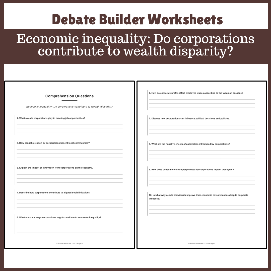 Economic inequality: Do corporations contribute to wealth disparity? | Favour and Against Worksheet Printable Activity