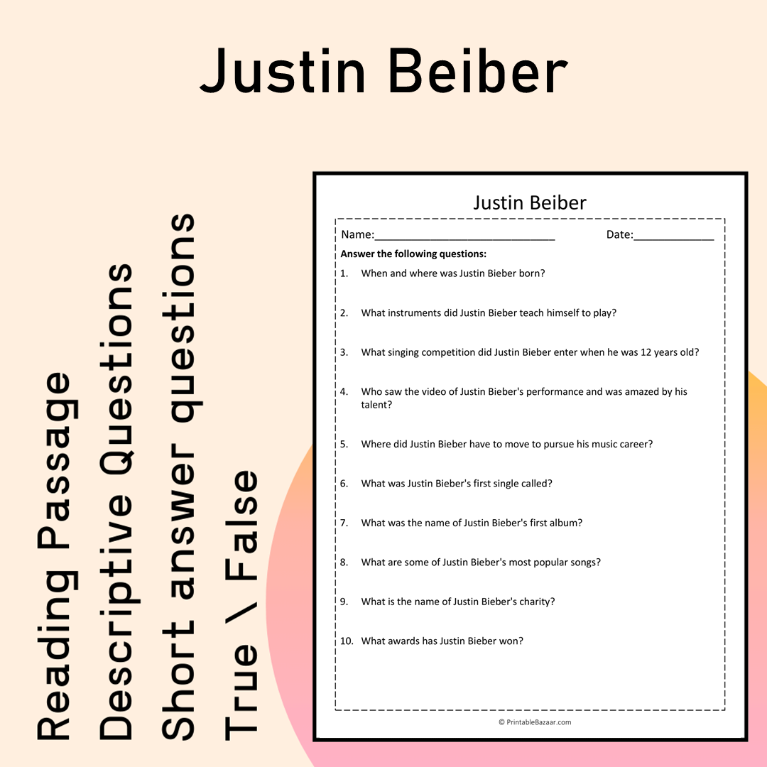 Justin Beiber | Reading Comprehension Passage Printable Activity