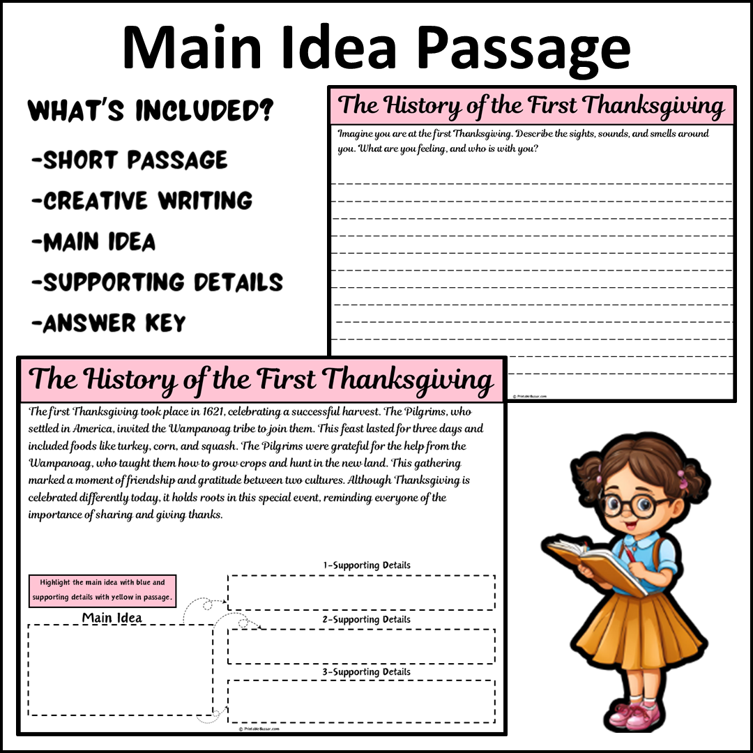 The History of the First Thanksgiving | Main Idea and Supporting Details Reading Passage and Questions