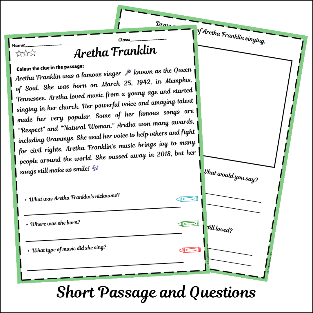 Aretha Franklin | Short Reading Comprehension Creative Worksheet