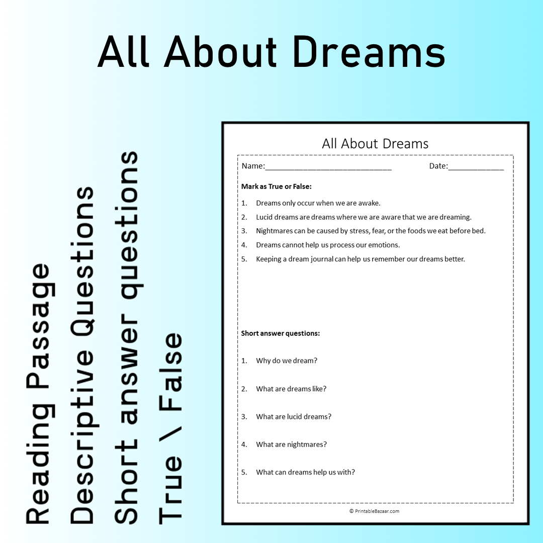 All About Dreams | Reading Comprehension Passage Printable Worksheet