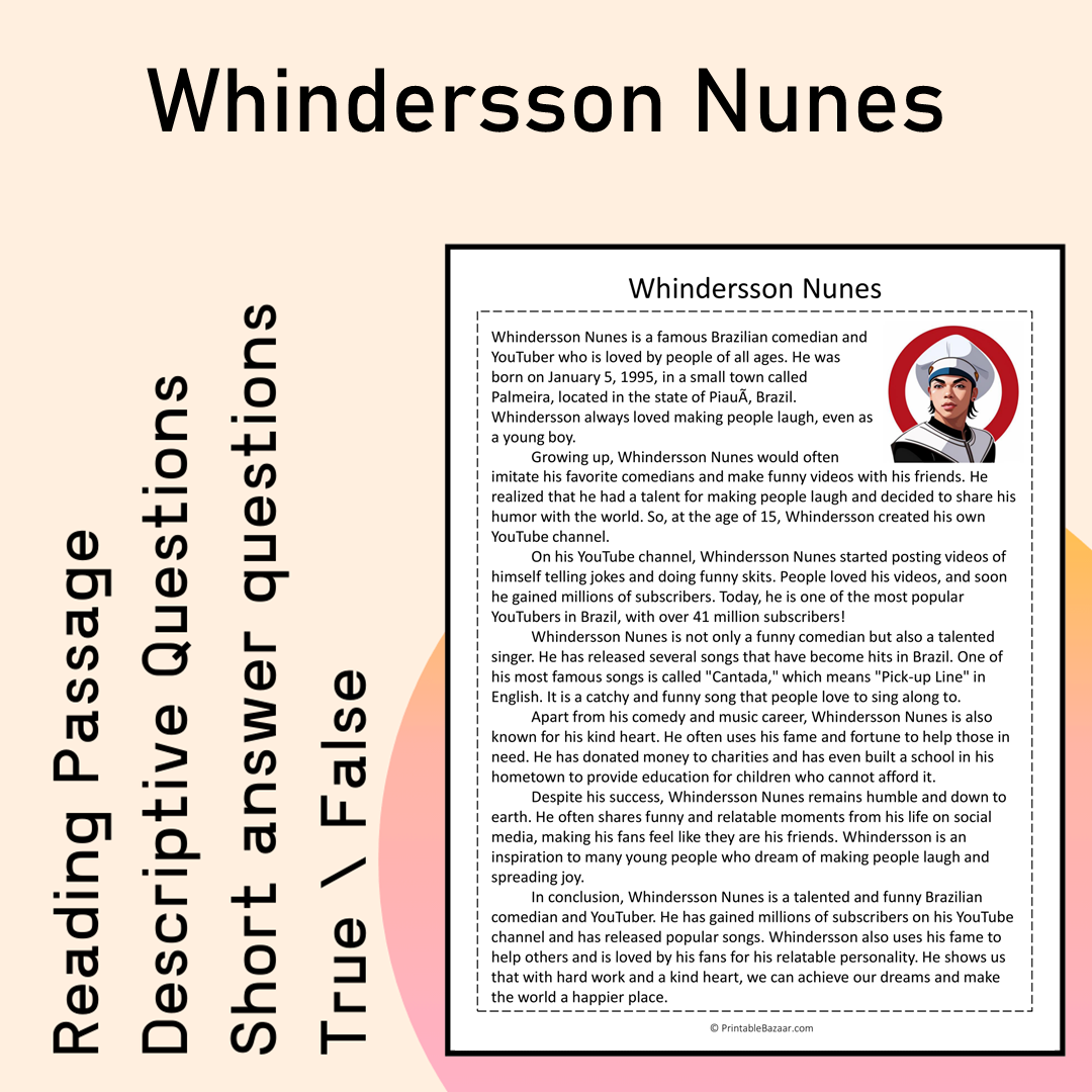 Whindersson Nunes | Reading Comprehension Passage Printable Activity