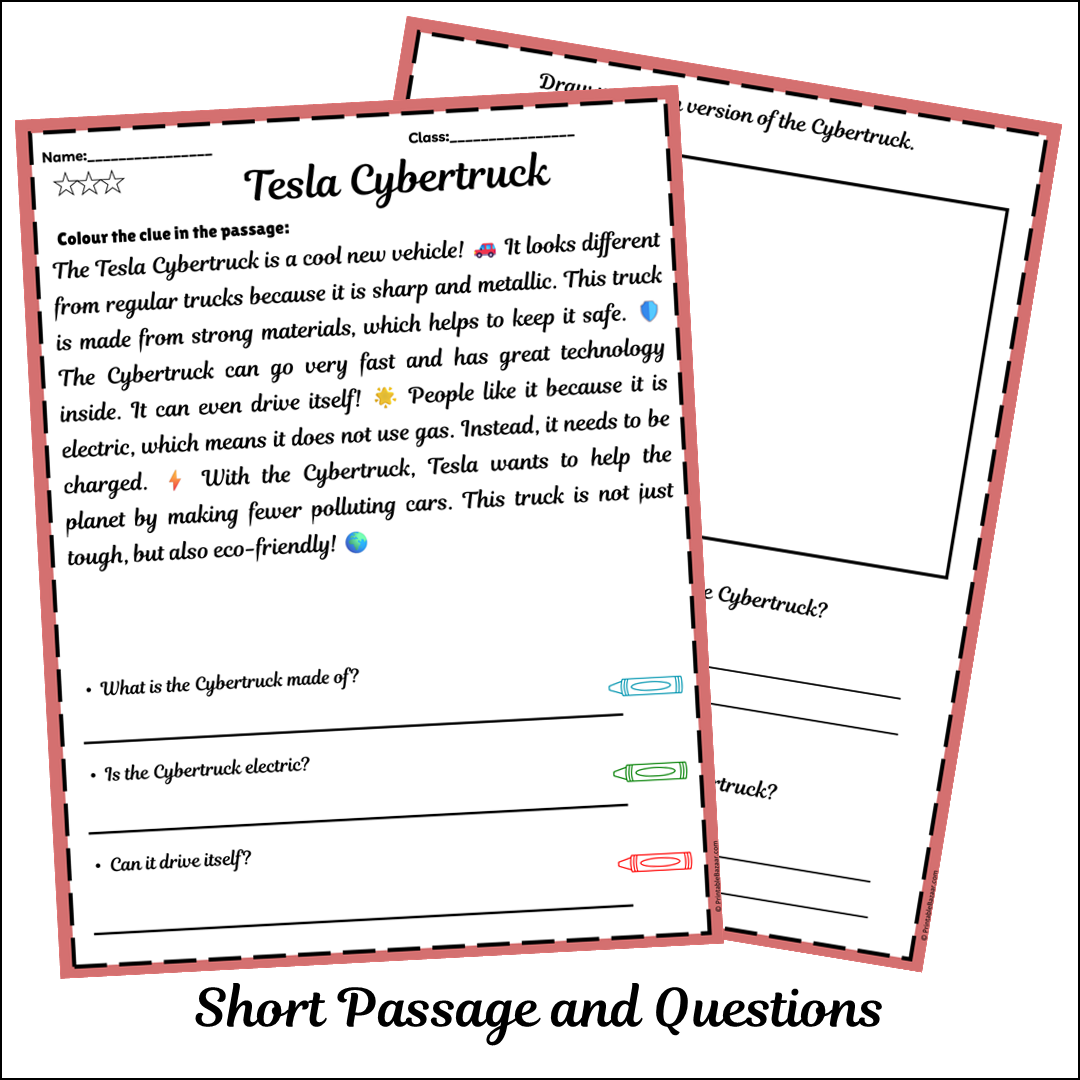 Tesla Cybertruck | Short Reading Comprehension Creative Worksheet