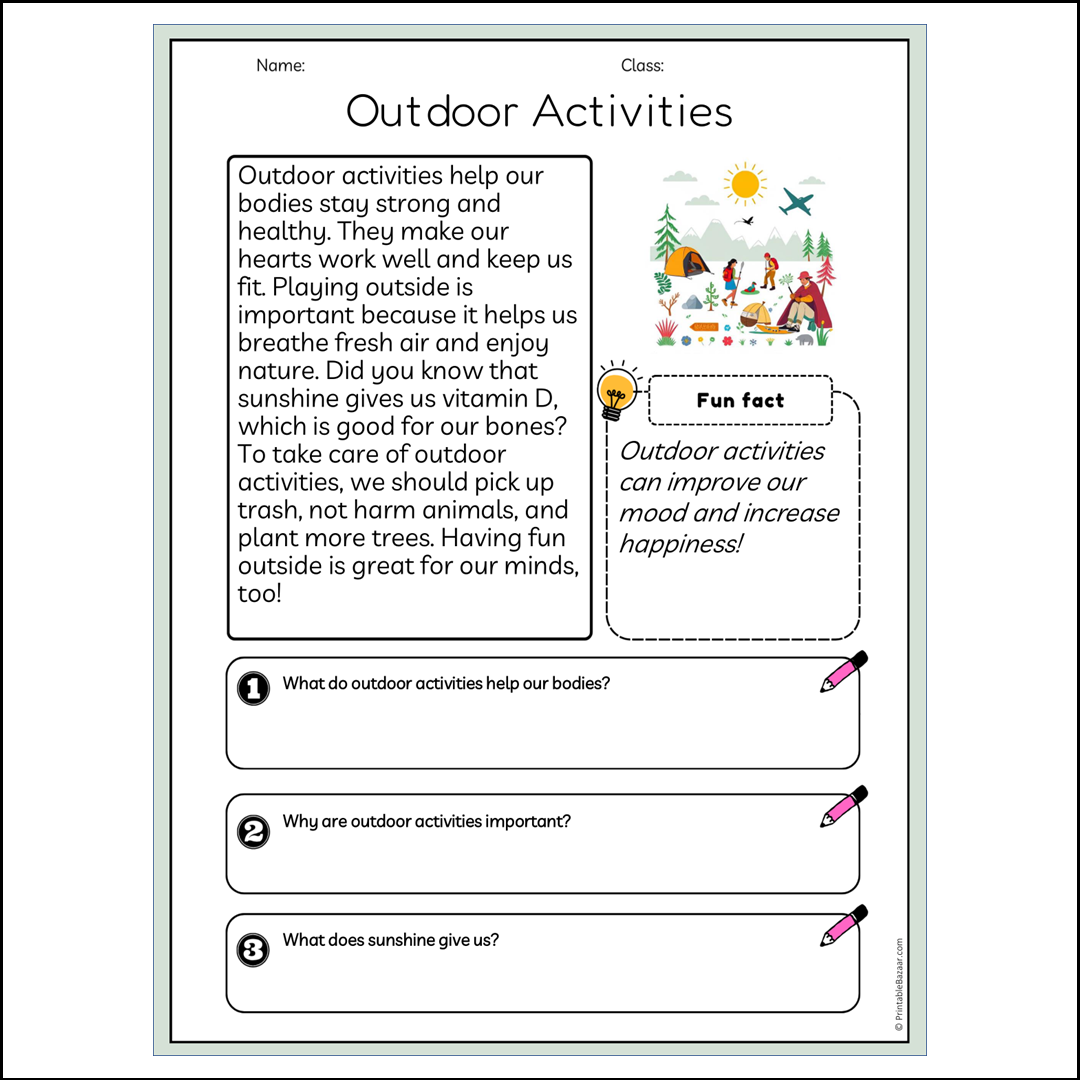 Outdoor Activities | Reading Passage Comprehension Questions Writing Facts Worksheet