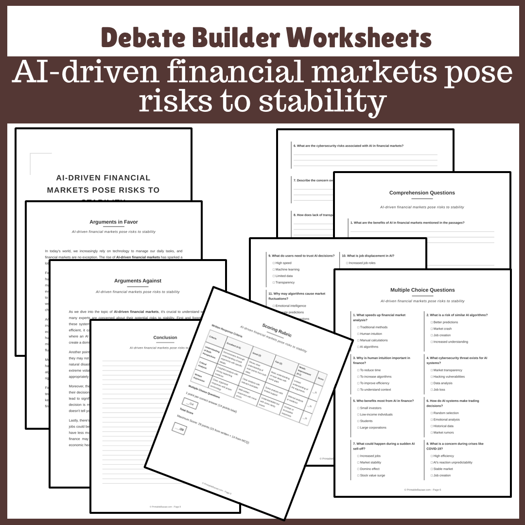 AI-driven financial markets pose risks to stability | Favour and Against Worksheet Printable Activity