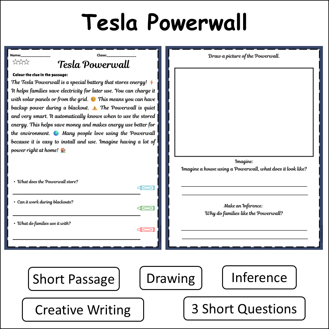 Tesla Powerwall | Short Reading Comprehension Creative Worksheet